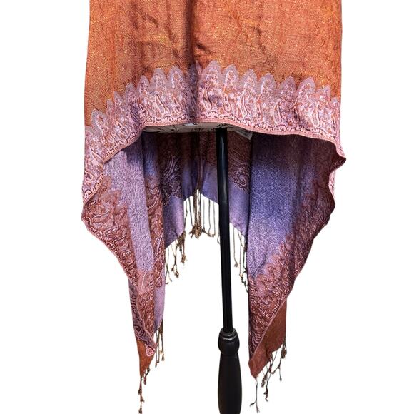Pashmina & Silk Paisley Shawl Wrap – Burnt Orange & Lavender – Fringe BohoChic - Picture 6 of 7
